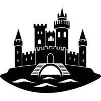 Medieval Castle with Drawbridge over Moat Silhouetted on White Background vector