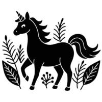 Small Unicorn Frolicking in Lush Field Silhouette on White Background vector