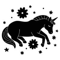 Unicorn Asleep in Field of Scattered Flowers on White Background vector