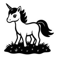 Small Baby Unicorn Standing on Grassy Patch Silhouette on White Background vector