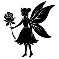 Fairy Holding a Single Large Rose Silhouetted on White Background vector