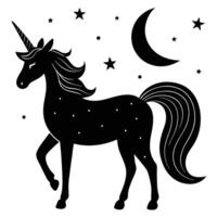 Sparkling Rainbow Horn Unicorn Under Twilight Silhouette on White Background vector