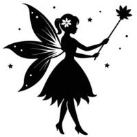 Fairy Using Wand to Summon a Flower Silhouetted on White Background vector