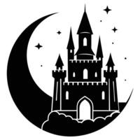 Medieval Castle with Glowing Crescent Moon Behind Silhouetted on White Background vector