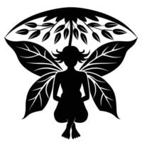 Fairy Sitting Under Leafy Canopy Silhouetted on White Background vector