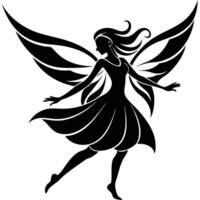 Twirling Fairy with Flowing Wings Silhouette on White Background vector
