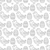Spring seamless pattern with Easter eggs and cute birds. Illustration in doodle hand drawn style, black outline. Great for coloring, wrapping paper vector