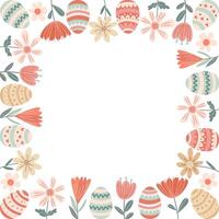 Easter square frame with colorful eggs and flowers. Flat style illustration in pastel colors. Perfect for greeting cards, invitations, seasonal banners, and holiday designs. vector