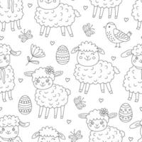 Spring seamless pattern with Easter eggs, flowers, little funny lambs and cute birds. Illustration in doodle hand drawn style, black outline. Great for coloring, wrapping paper vector
