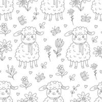 Spring seamless pattern with little funny lambs, flowers and butterflies. Illustration in doodle hand drawn style, black outline. Great for coloring, wrapping paper, Easter theme vector