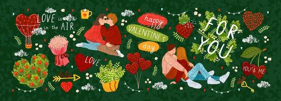 Happy Valentines Day Colorful Illustration of Cute Objects and Elements for Greeting Cards vector