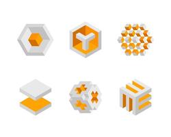 Cube logo, geometric design. Box logotype company, trendy tech emblem in pixel style. vector