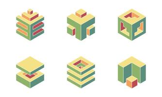 Cube logo, geometric design. Set box logotype company, trendy techno emblem in isometric 3D style. vector