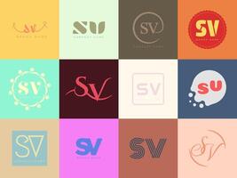 SV logo company template. Letter s and v logotype. Set different classic serif lettering and modern bold text with design elements. Initial font typography. vector