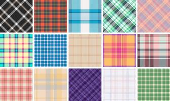 Plaid fabric patterns in vibrant checks, perfect for textile, clothing, or rustic wallpaper designs with a Scottish touch. vector