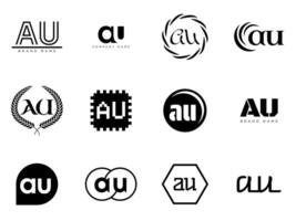 AU logo company template. Letter a and u logotype. Set different classic serif lettering and modern bold text with design elements. Initial font typography. vector