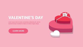 Valentine's Day isometric banner concept with red, pink and white hearts on pink background. Design for web banner vector