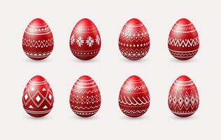 Set of realistic 3d red ornate traditional Easter Eggs with white geometric pattern vector