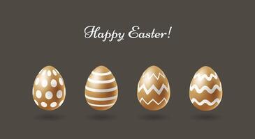 Happy Easter greeting card design with realistic golden shiny eggs set with white ornament vector