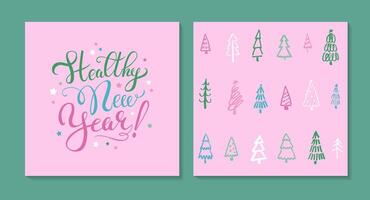 Healthy New Year. Hand-drawn calligraphy and Christmas tree seamless pattern on pink background. Modern marker doodle sketch for greeting card vector
