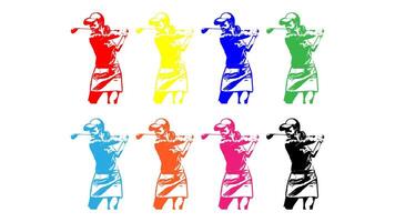 A vibrant, colorful silhouette of a woman golfer in full swing, captured in a dynamic pose. The image is perfect for sports, fitness, and lifestyle designs vector