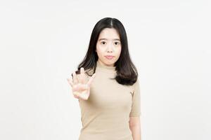 Showing Four Finger Of Beautiful Asian Woman Isolated On White Background photo