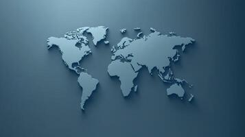 A minimalist world map shows continents outlined in a soft blue against a darker background, emphasizing geography photo