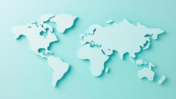 A stylized representation of the world map showcases continents in a clean, modern design on a light blue backdrop photo