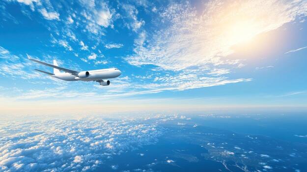 un comercial aeronave se eleva alto en un claro azul cielo terminado suave blanco nubes foto