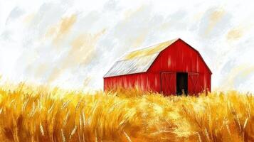 A vibrant red barn is surrounded by tall golden wheat, under a soft cloudy sky in the late afternoon light photo