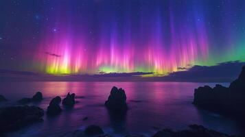 Colorful aurora borealis lights up the sky above the calm ocean and rugged rocks at twilight photo