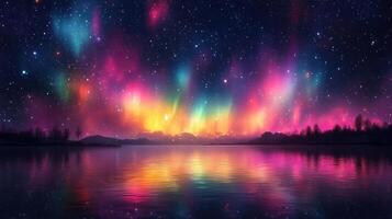 Vivid aurora borealis dances overhead, casting brilliant reflections on the calm surface of the lake at night photo