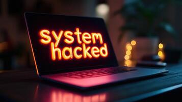 A laptop glows with the text indicating a security breach, highlighting a cyber threat in a low-light atmosphere photo
