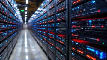 Rows of powerful servers light up the data center, showcasing advanced technology and operational efficiency photo