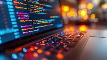 A developer is coding on a laptop with vibrant keyboard lights in a warm, inviting workspace at night photo