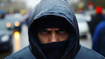 A person with a hood and covered face stands in the rain, expressing strong emotions while surrounded by a crowd photo