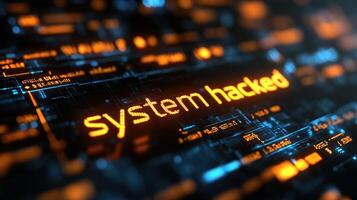 Bright text stating system hacked displays among circuit patterns in a digital landscape photo