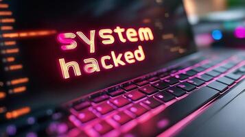A laptop shows a bright warning indicating a system breach with colorful neon letters in a dark setting photo