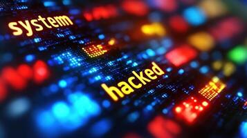 A cybersecurity warning indicating a system has been hacked shows bright text against a dark digital background photo