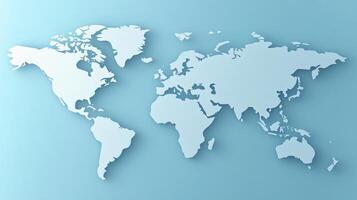 A minimalist world map showcasing continents on a soft blue background, highlighting geographical features photo