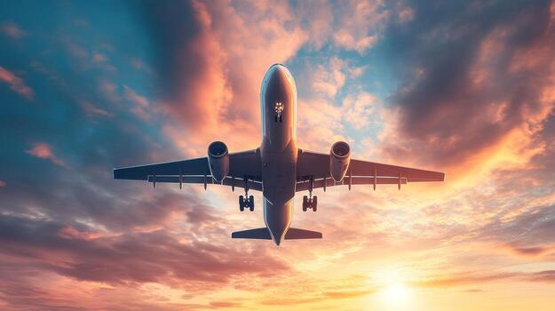 un aeronave asciende en contra un fondo de vistoso nubes durante un hermosa puesta de sol a un aeropuerto foto