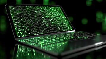 A laptop shows flowing green digital data on its screen, illuminated in a dark environment photo