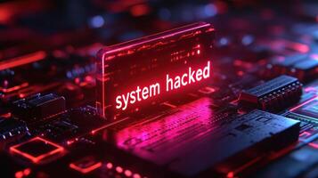A vibrant red alert flashes on a circuit board, signaling a significant cybersecurity breach and system compromise photo