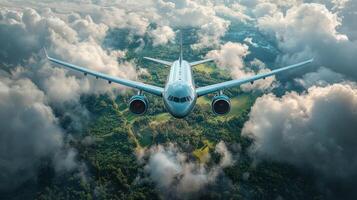 A commercial airplane soars over vibrant green fields and billowing clouds, showcasing a beautiful daytime sky photo