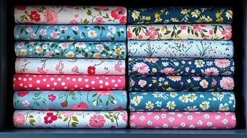 Brightly colored fabric rolls are arranged neatly, featuring floral and polka dot patterns in vibrant shades photo