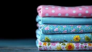 Five vibrant fabric squares featuring floral and polka dot patterns are stacked on a rustic wooden surface photo