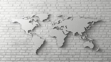 A minimalist design featuring a world map cutout in white, set against a textured brick wall, highlighting modern decor photo