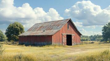 A red barn stands surrounded by tall grass and trees, set under a blue sky with white clouds on a sunny day photo