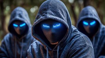 Three hooded figures with glowing eyes hint at a hacking operation in the shadows photo