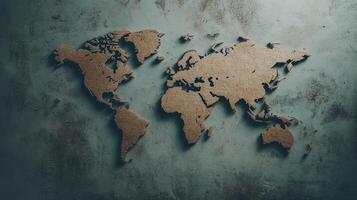 The cardboard world map is artistically arranged against a textured concrete backdrop, emphasizing geography photo